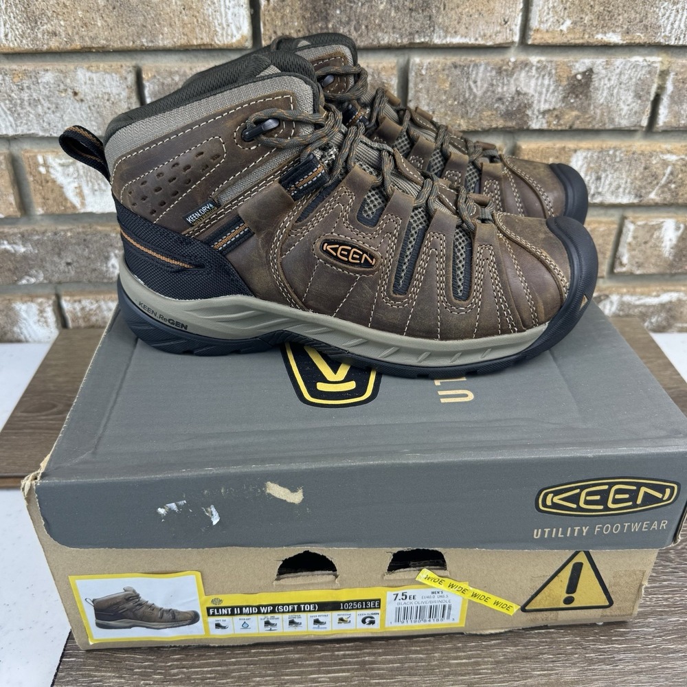 Keen Men's Flint II Mid Waterproof Soft Toe Black Olive Brindle Leather 7.5 EE